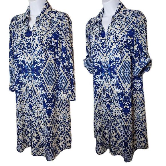 Cabi Women's Sz M  Blue Mosaic Geo Print Convertible Shirt Dress (1685) - Picture 2 of 8